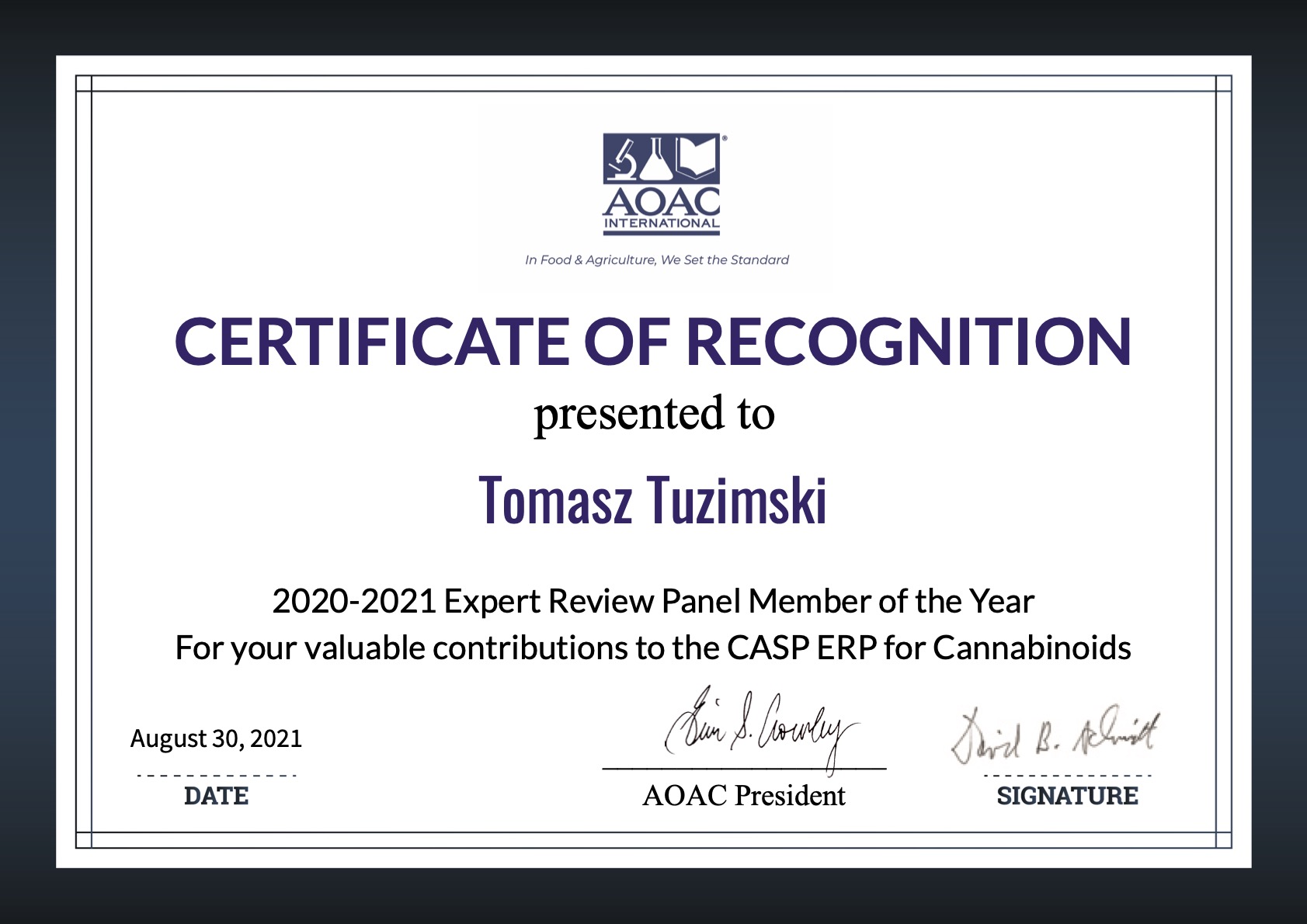 Certificate of recognition dla prof. Tuzimskiego