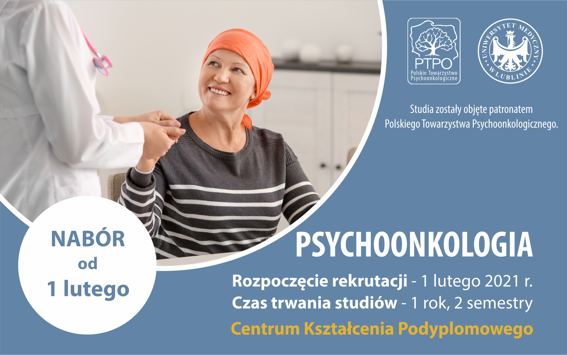 Lekarka podaje rękę kobiecie w chustce na głowie - plakat dla kierunku pschychoonkologia
