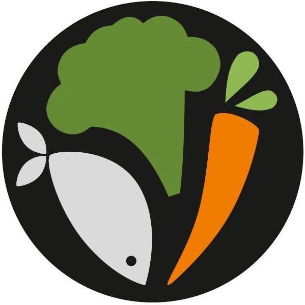 logo koła dietetyki: ryba, brokuł i marchewka na czarnym talerzu