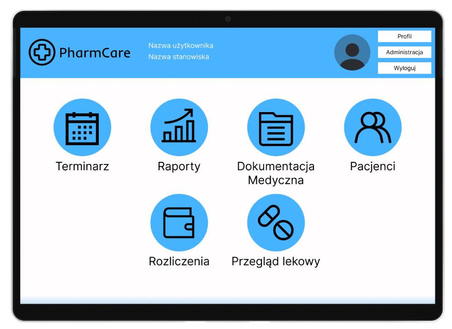 Interfejs aplikacji PharmCare. U góry interfejsu po lewej stronie znajduje się logo z krzyżykiem i napisem PharmCare, obok znajdują się miejsca na nazwę użytkownika i nazwę stanowiska, po prawej stronie znajduje się miejsce na awatar użytkownika oraz przyciski 