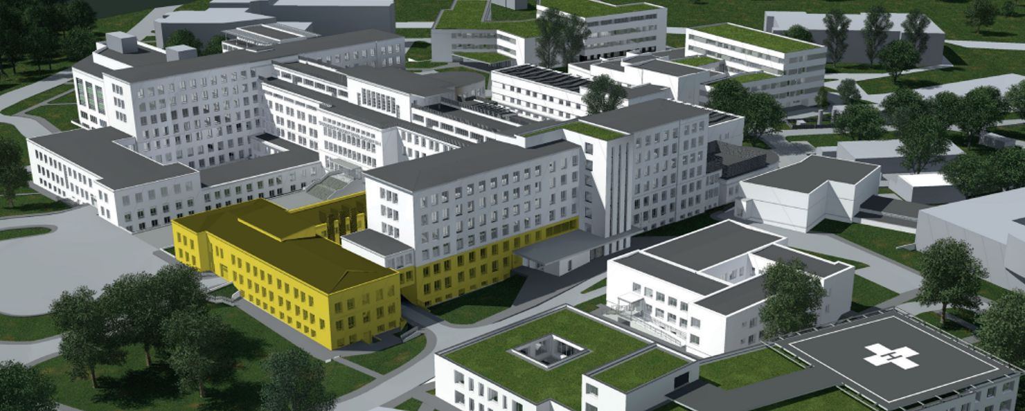 Wizualizacja szpitala SPSK4 z zaznaczonym obszarem inwestycji