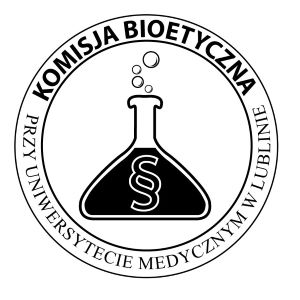 znak graficzny Komisji Bioetycznej, przedstawia menzurkę laboratoryjną wpisaną w okrąg i napis Komisja Bioetyczna Uniwersytetu Medycznego w Lublinie