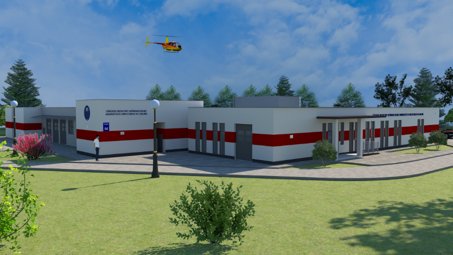 Projekt rozbudowy Ośrodka Medycyny Doświadczalnej przedstawia wirtualny projekt budynku, leci nad nim helikopter
