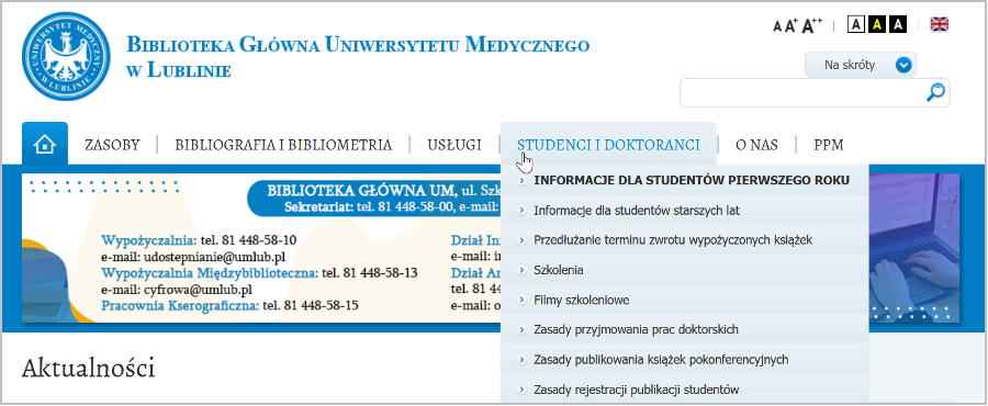 Zakładka z informacjami dla Studentów na stronie Biblioteki