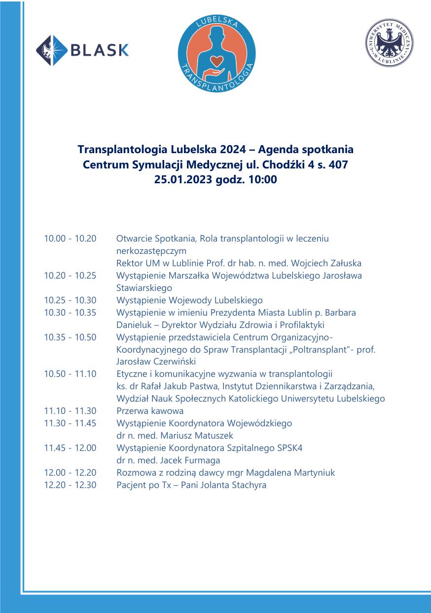 Agenda konferencji Lubelska Transplantologia