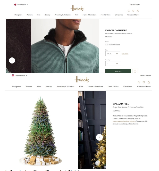 Screenshot from Harrods storefront: cashmere sweater and luxury christmas tree