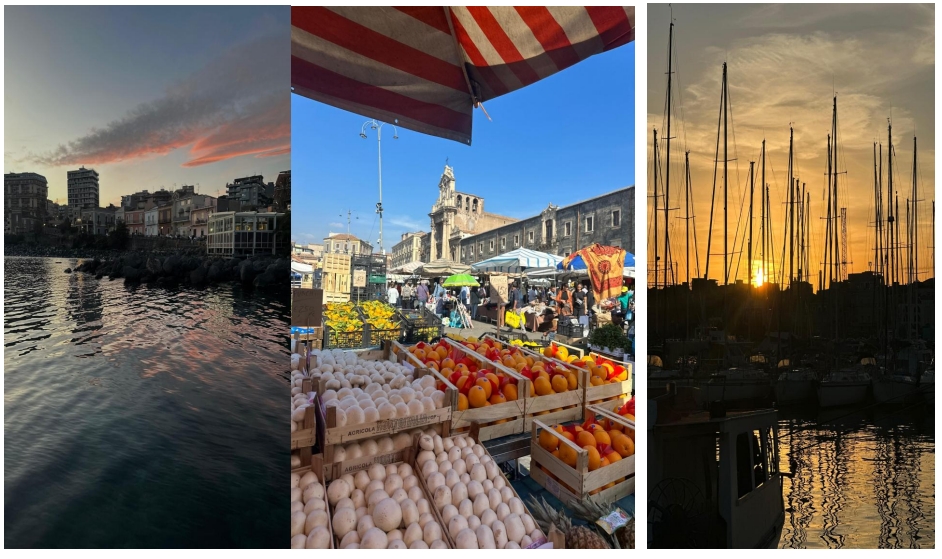 zdjęcia portu w nocy, zatoki i targu owocowego w Katanii