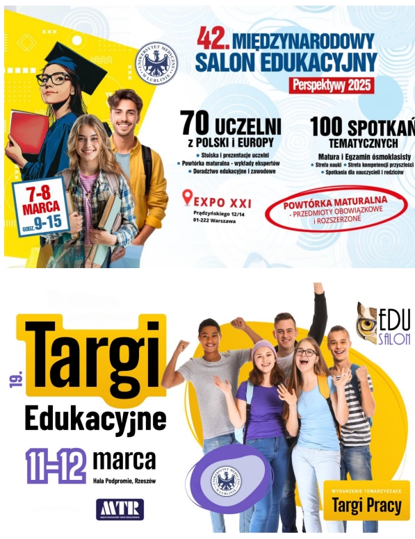 plakaty informacyjne o targach edukacyjnych w Warszawie i Rzeszowie