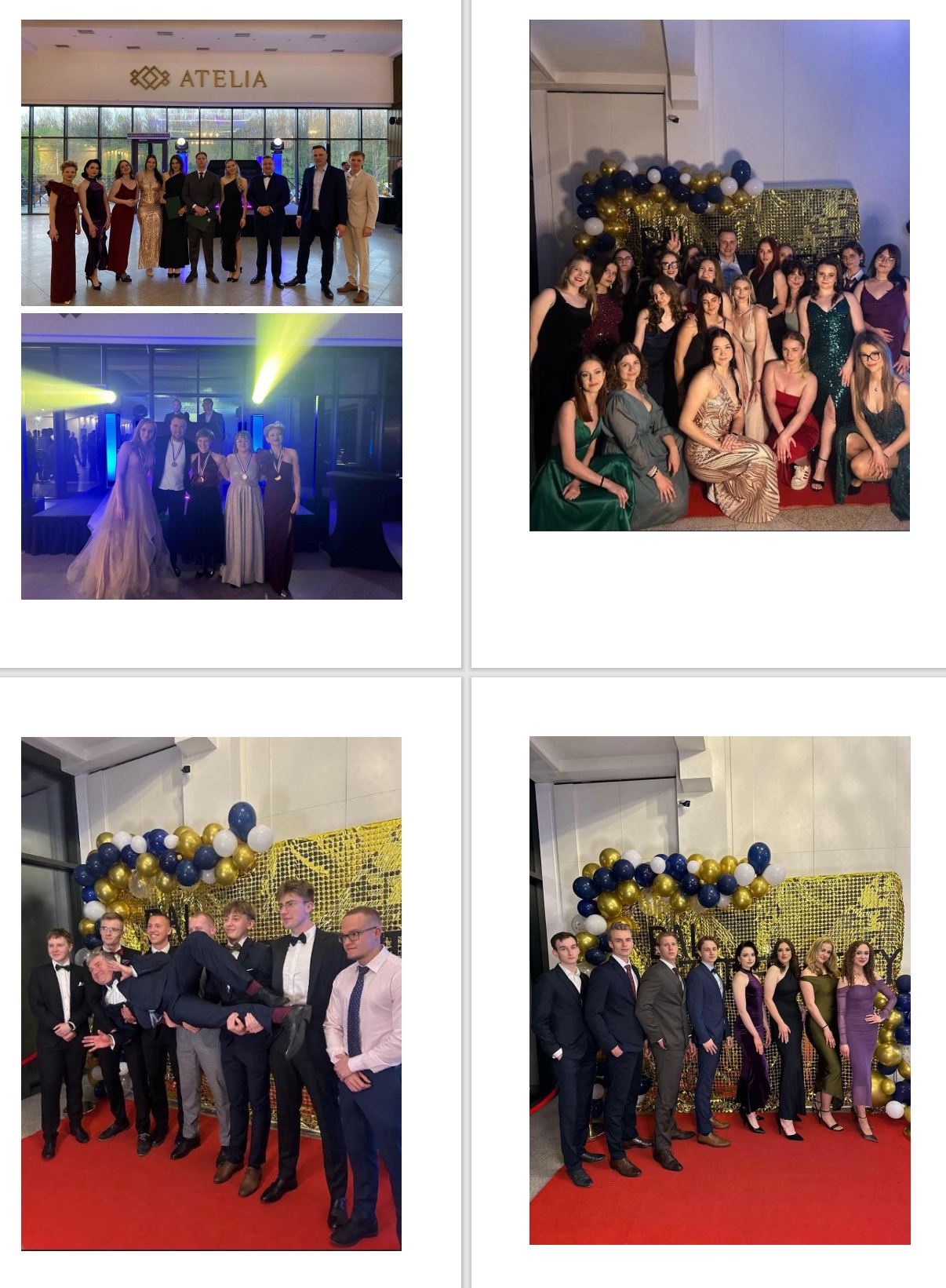 zdjęcia z balu, kobiety w eleganckich brokatowych sukniach i panowie w garniturach