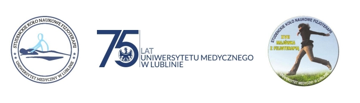 znak graficzny: Studenckiego Koła Fizjoterapeutów, jubileuszu 75 lat Uniwersytetu Medycznego w Lublini ei XVII Majóki z fizjoterapią
