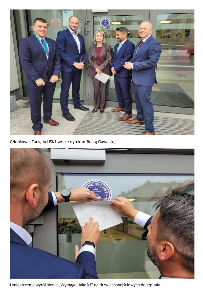 dwa zdjęcia: na jednym zarząd USK1, na drugim naklejenie znaku jakości na drzwiach wejściowych do szpitala